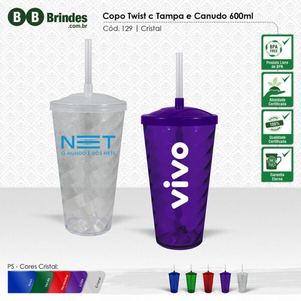 Copo Twist c Tampa e Canudo 600ml