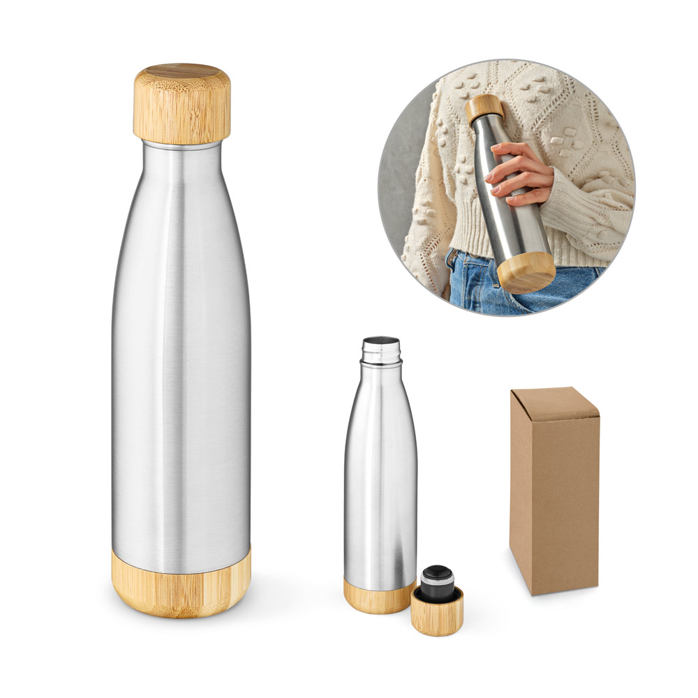 Garrafa em aço inox (90% reciclado) com tampa em bambu 550 mL