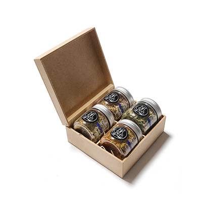 Kit com 4 temperos especiais gourmet com caixa de MDF