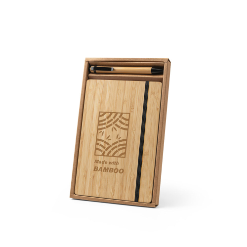 Kit caderno A5 em bambu com páginas pautadas e esferográfica em bambu